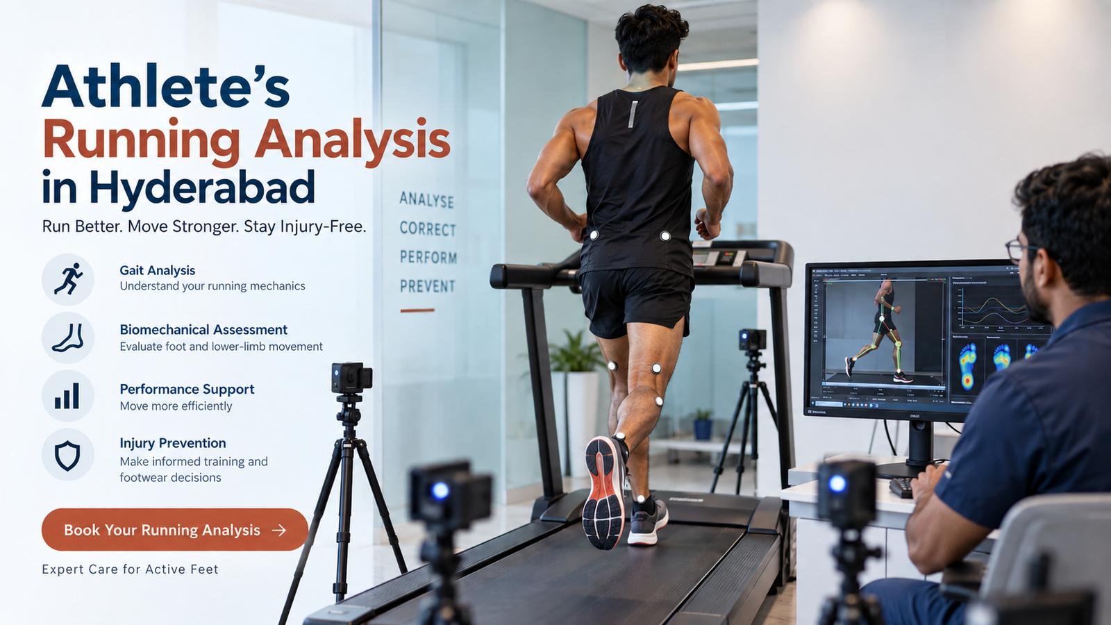 Athlete undergoing running analysis and gait assessment in Hyderabad