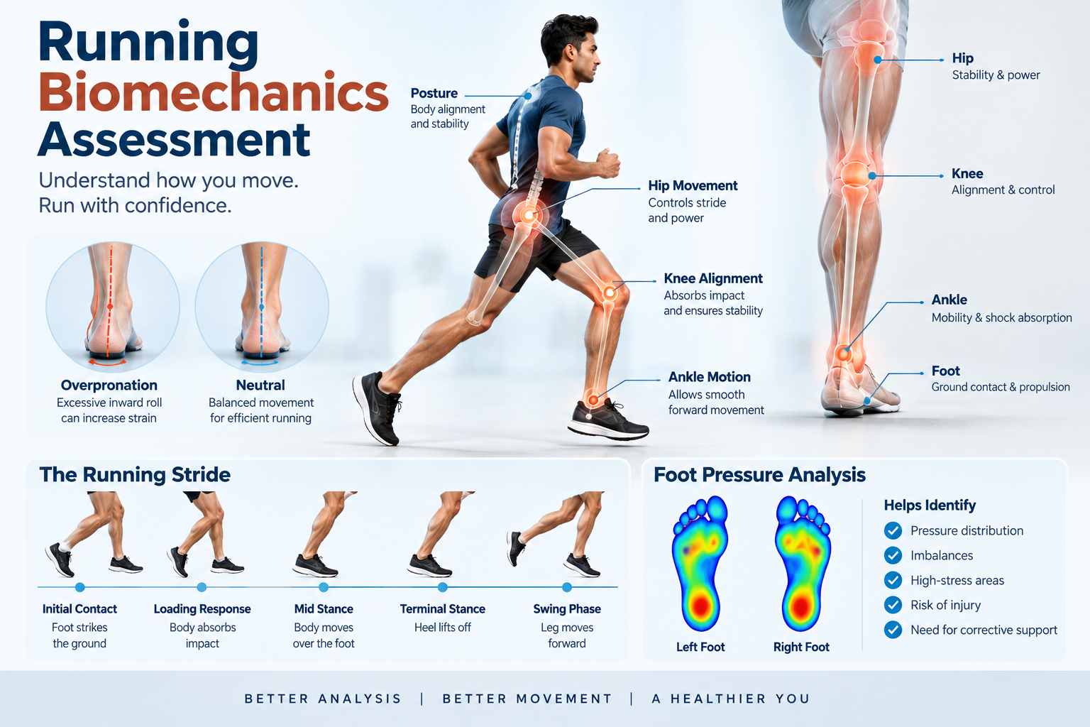 Running biomechanics assessment showing foot ankle knee and hip movement