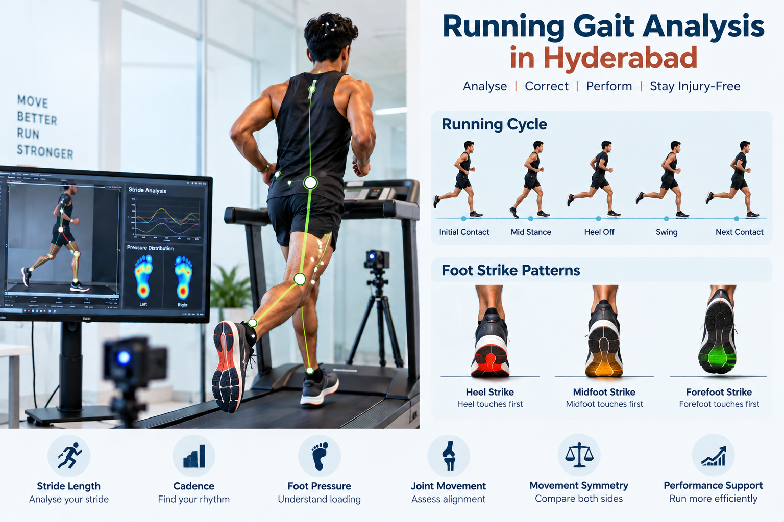Running gait analysis showing foot strike stride and running movement