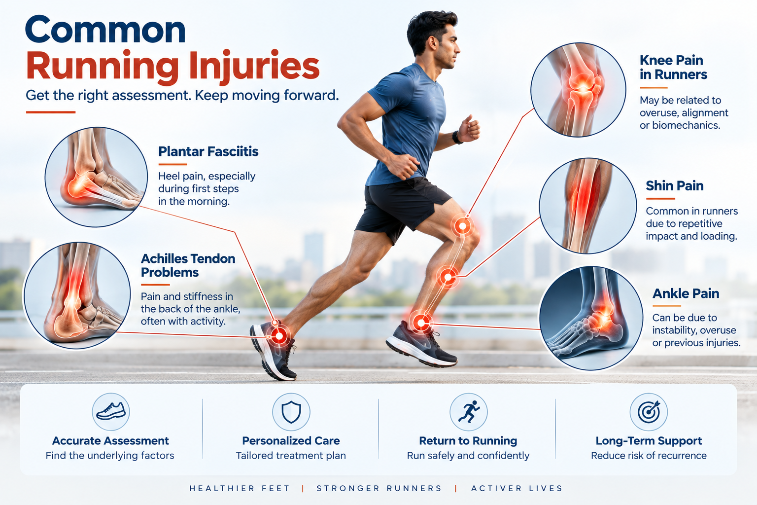 Common running injuries including plantar fasciitis Achilles pain shin pain and knee pain